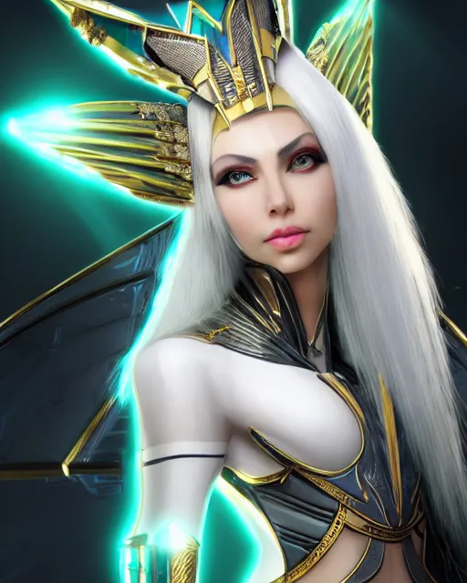 Image similar to perfect white haired attractive egyptian goddess, warframe armor, pharaoh headdress, beautiful, symmetric, dreamy, half asian, pretty face, green eyes, charlize theron, detailed, scifi platform, laboratory, experiment, 4 k, ultra realistic, epic lighting, android body, illuminated, cinematic, masterpiece, art by akihito tsukushi, voidstar