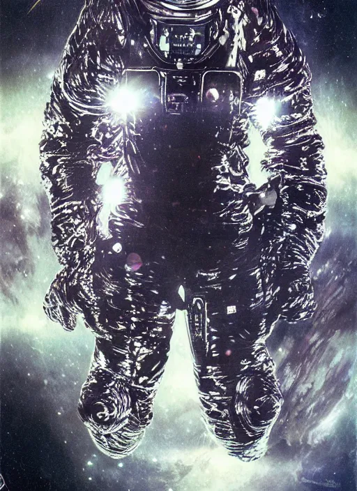 Image similar to astronaut in dark void underwater - complex and hyperdetailed technical suit design. reflection and dispersion materials. rays and dispersion of light. volumetric light. f / 3 2. noise film photo. flash photography. ultra realistic, 5 0 mm. poster by wayne barlowe, hajime sorayama aaron horkey, craig mullins