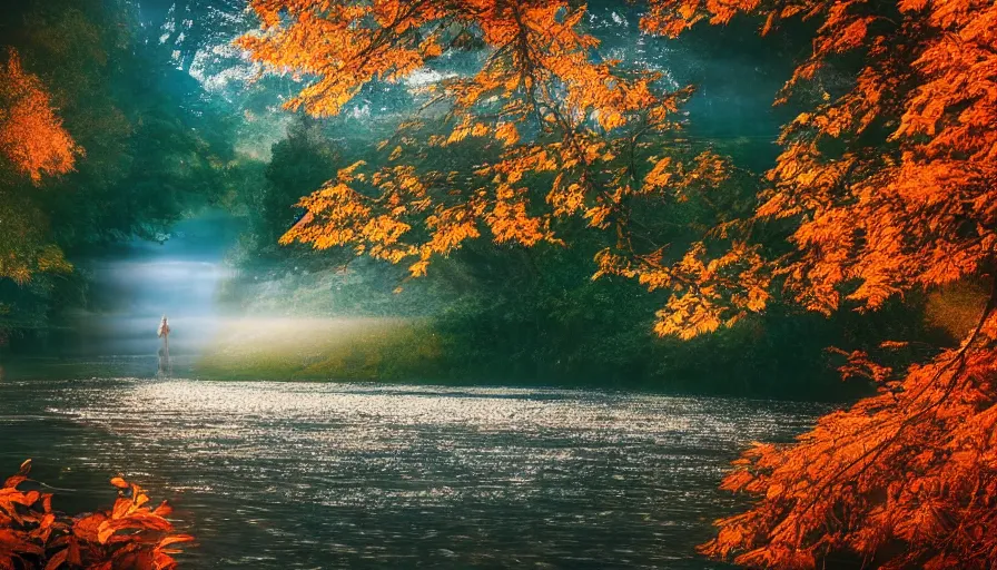 Image similar to a beautiful woman turning into a peaceful river, it's autumn and a gentle breeze is moving leaves around, cinematic lighting, establishing shot, art station