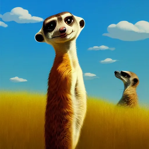 Prompt: goro fujita ilustration a meerkat in profile looking over the meadow, on a sunny day by goro fujita, painting by goro fujita, sharp focus, highly detailed, artstation