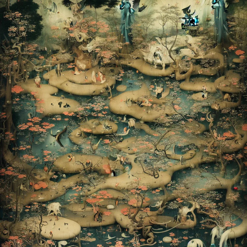 Image similar to Japanese Garden by Hieronymus Bosch and James Jean, Ross Tran, hypermaximalist, surreal oil painting, highly detailed, dream like, masterpiece