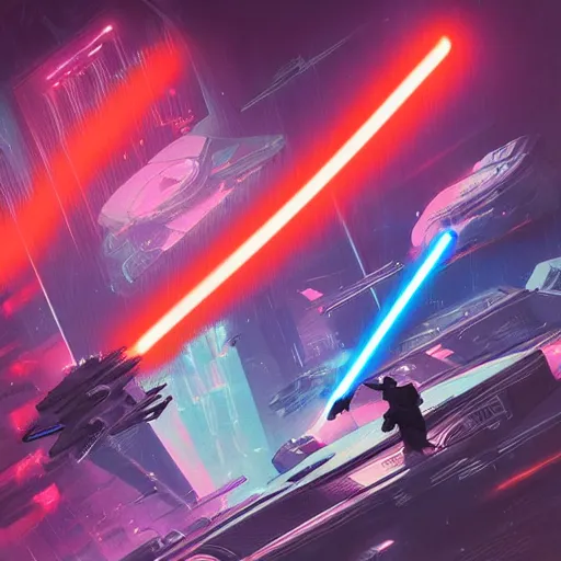 Prompt: Jedi lightsaber Duel future japan at night, Neon Lights, High contrast, concept art, fine details, studio ghibli, cinematic lighting, ghost-in-the-shell, cyberpunk,sci-fi, fantasy, intricate, elegant, highly detailed, digital painting, trending on artstation, concept art, smooth, sharp focus, illustration, by james gurney and greg rutkowski