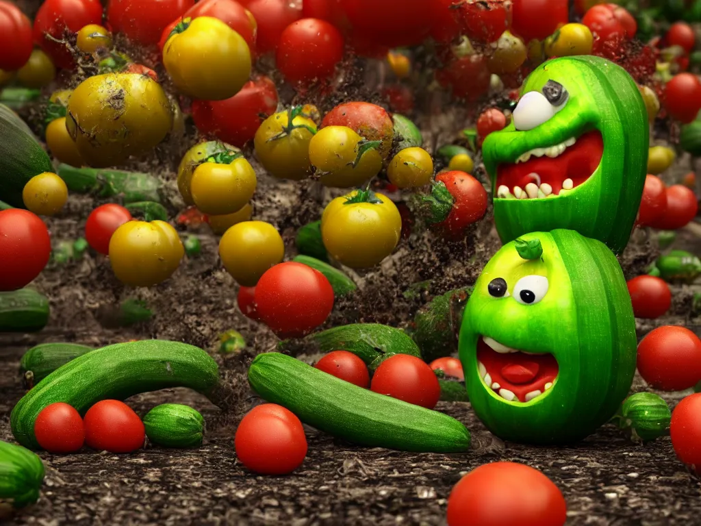 Image similar to highly detailed 3 d render of a raging mad angry zucchini character, dirt road, scared tomates scattered everywhere, high speed action, explosions, dramatic scene, hyper realistic octane render, cinematic lighting, tomato splatter, deviantart, black sky, lowbrow, surrealism, pixar still, mayhem