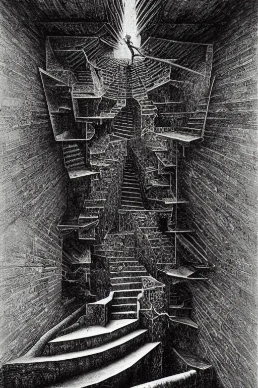 Prompt: stairs to nowhere nihilist discordian surreal collage made of by mc escher, walt disney, hr giger and beksinski. 8 k resolution. william s burroughs