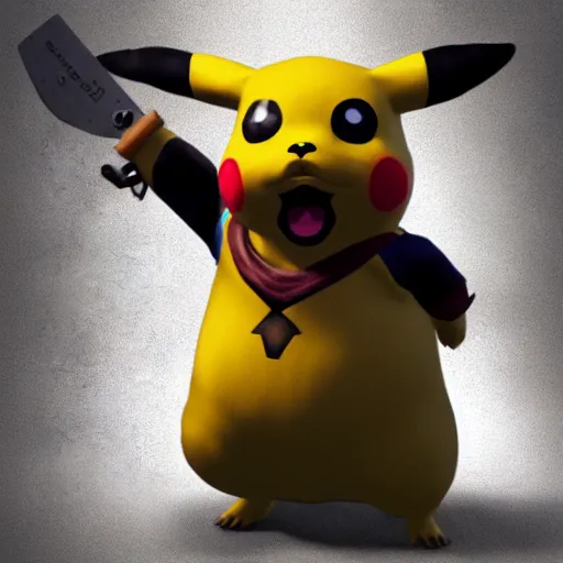 Image similar to 3 d modeled 3 d rendering with specular pbr material of realistic pikachu as a playable character in the videogame dead by daylight holding a chainsaw, pc gpu fov settings, videogame screenshot of pikachus mori animation, dark lighting and heavy fog, playstation 2 graphics