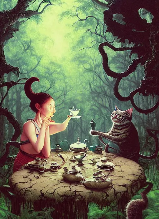 Image similar to cat having tea with a sorceress at a shrine in the woods by a stream, river gorgeous lighting, lush forest foliage blue sky a hyper realistic painting by chiara bautista and beksinski and norman rockwell and greg rutkowski weta studio, and lucasfilm