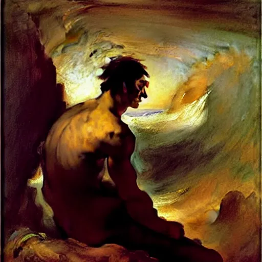 Image similar to oil painting by william turner, by theodore gericault, by caspar david friedrich, by frank frazetta oil painting, romantism, realism, limited palette