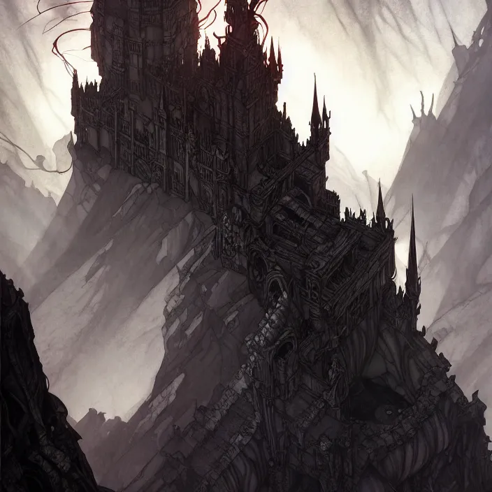 Image similar to style artgerm, joshua middleton, arthur rackham, twisted castle in hell, very long wirey spires, fire swirling, detailed, cave setting, volumetric lighting