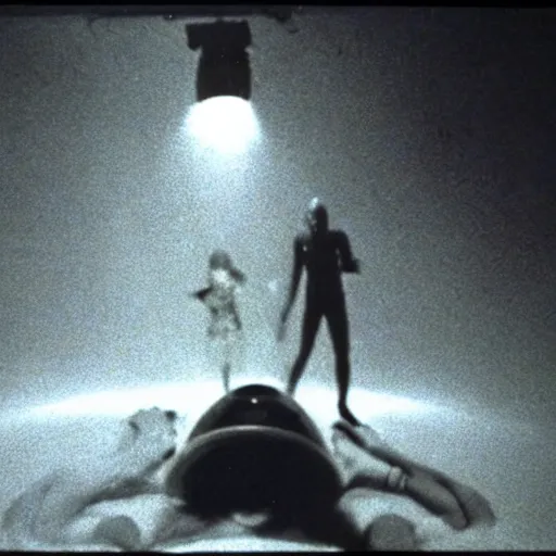 Prompt: Cryptic lost footage of an alien abduction, 1970s photograph