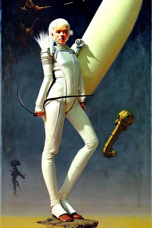 Image similar to pulp scifi fantasy illustration full body portrait android girl, fencer, white hair, in leather, by norman rockwell, roberto ferri, daniel gerhartz, edd cartier, jack kirby, howard v brown, ruan jia, tom lovell, frank r paul, jacob collins, dean cornwell, astounding stories, amazing, fantasy, other worlds