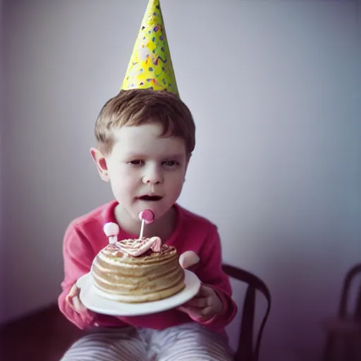 Prompt: tall swedish man sitting in the corner of a kids room, eating birthday cake wearing a birthday hat. f 4 hassleblad dramatic beautiful natural lighting