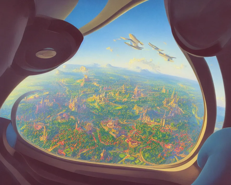 Image similar to an achingly beautiful print of Disneyland and surrounding area as seen through the window of a private jet by Raphael, Hopper, and Rene Magritte. detailed, romantic, enchanting, trending on artstation.