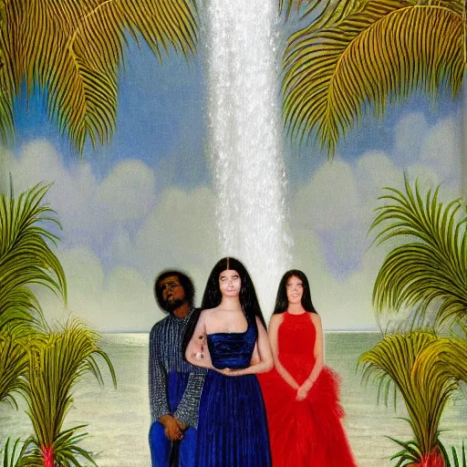 Image similar to a ultradetailed beautiful painting of lorde, frank ocean, the weeknd and lana del rey standing in front of the diamonds waterfall in the amazonas palace balustrade designed by jules bastien - lepage, tarsila do amaral, frank weston and gustave baumann, beach, trending on artstation, mediterranean, palm trees, sharp focus, soft light, 8 k 4 k