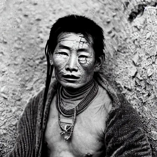 Prompt: very precise and detailed ultra realistic vintage photo portrait of a tibetan man with hive cells hole all over the face, by Annie Leibovitz