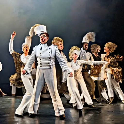 Image similar to award winning Production photo of the Hindenburg disaster the musical on broadway, dancing, singing, costumes by Julie Taymor, set design by Julie Taymor