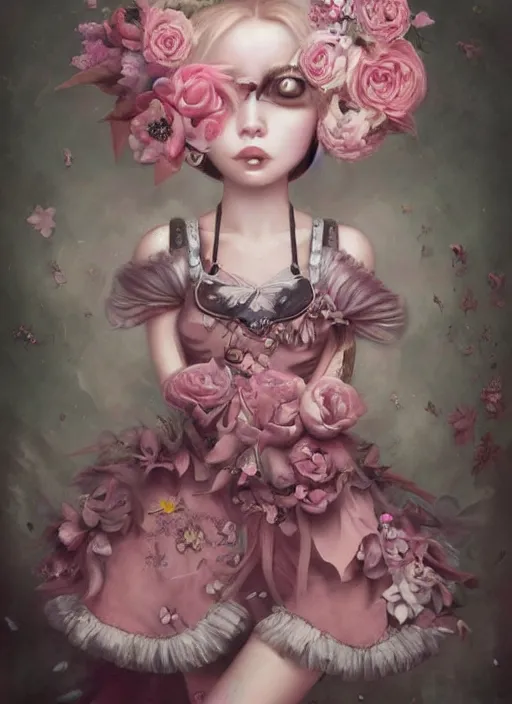 Image similar to pop surrealism, lowbrow art, realistic cute alice girl painting, pink bdy harness with flowers, japanese street fashion, hyper realism, muted colours, rococo, natalie shau, loreta lux, tom bagshaw, mark ryden, trevor brown style,