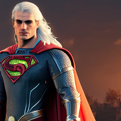 Prompt: Henry Cavil as medieval Superman, Witcher 3 style, unreal engine, cinematic, game, screen capture, hyper realistic, details, ray tracting, rtx, 4k