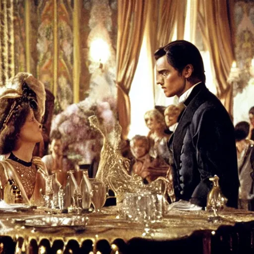 Image similar to ballroom scene from the leopard by luchino visconti with alain delon and claudia cardinale and an extraterrestrial!!!! set in the 1 9 th century in an italian villa. technicolor!!!!, highly intricate, 5 0 mm