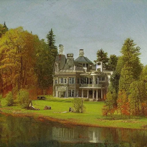 Image similar to Victorian mansion in the woods of Maine, a lake beside it, felix Kelly