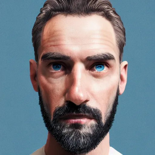 Prompt: centered portrait of a noble man's face by alessio albi. he is in his forties and has a pale face, blue eyes, short black hair, and short black goatee, medieval city as background, trending on artstation