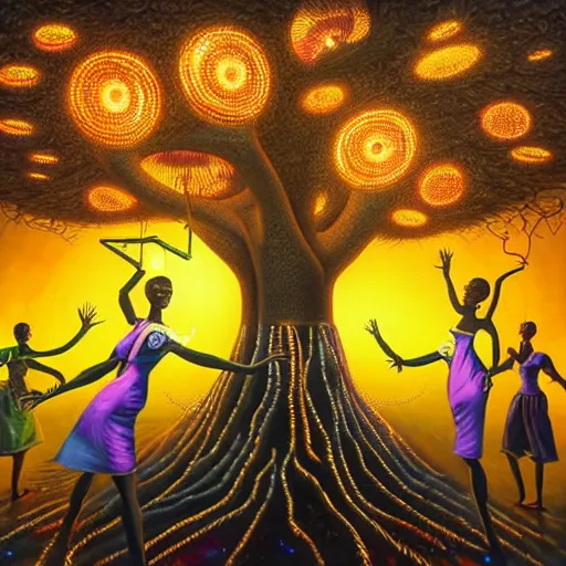 Prompt: african women dancing around a glowing, energized, steampunk neon portal near the electric tree of life in a lightning storm, by alan kenny, evgeni gordiets, dan mumford, and alan parry. oil on canvas, detailed and intricate environment, dim lighting, rim lighting. highly detailed. masterpiece