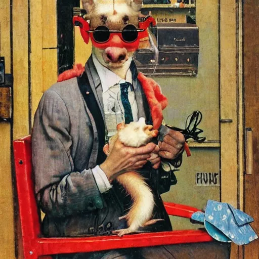 Prompt: a norman rockwell painting of a old - fashioned - humanoid - ferret wearing brightly colored cheap sunglasses and 3 - piece suit