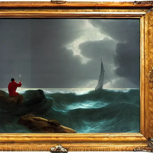 Prompt: man looking out over a stormy ocean, romanticism, by Caspar Friedrich