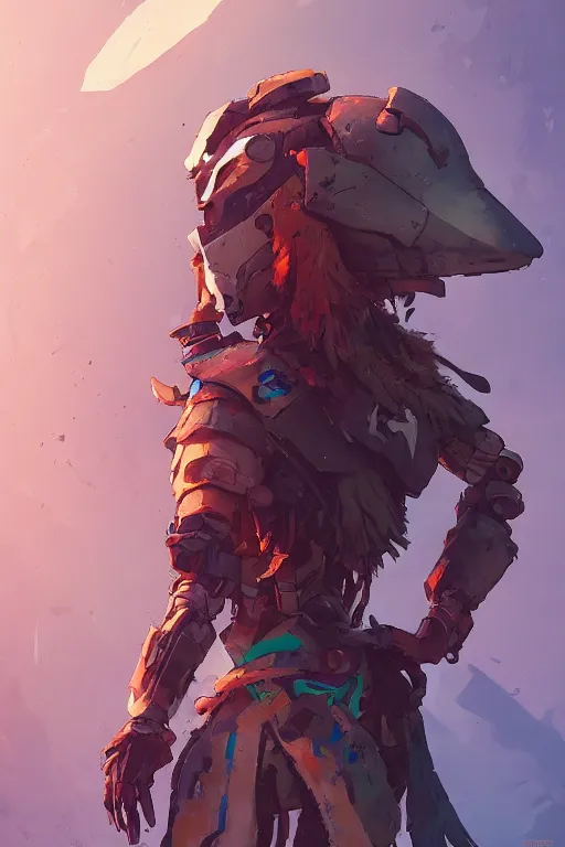 Image similar to combination suit armor aloy horizon forbidden west horizon zero dawn robot ninja mask helmet backpack tribal, fanart behance hd artstation by jesper ejsing, by rhads, makoto shinkai and lois van baarle, ilya kuvshinov, ossdraws