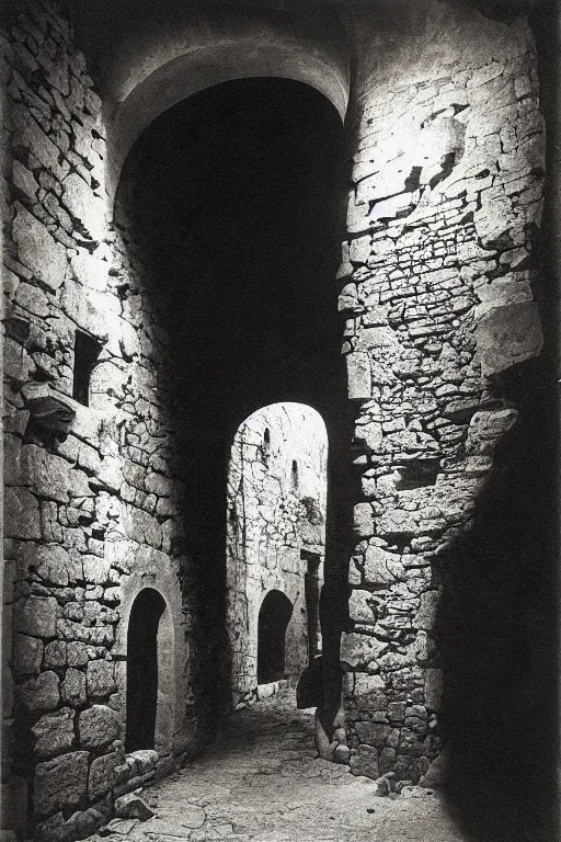 Image similar to a dark cave in the middle of an ordinary city, trogir golden hour 1 9 0 0 s photograph