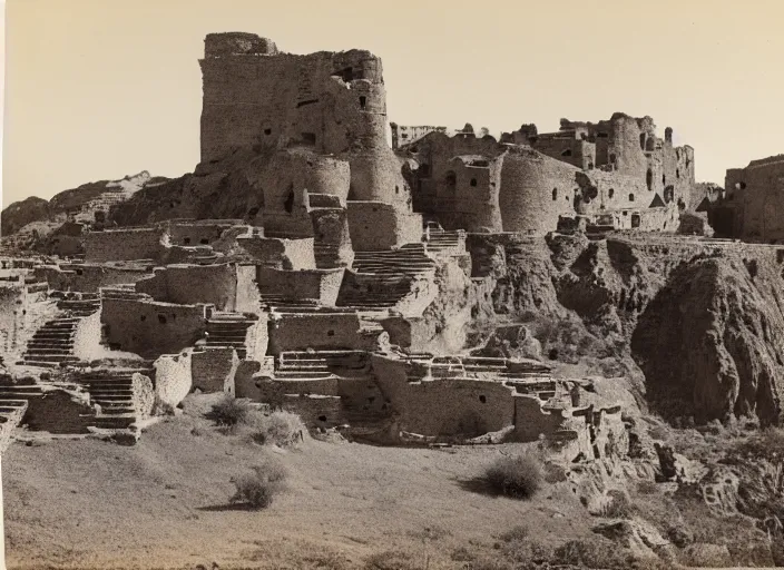 Image similar to Photograph of sprawling cliffside pueblo ruins, showing terraced gardens and narrow stairs in lush desert vegetation in the foreground, albumen silver print, Smithsonian American Art Museum