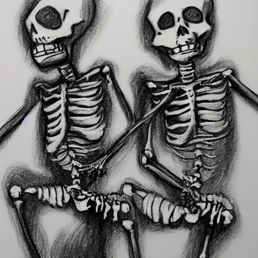 Image similar to skeletons dancing around a fire, black and white, charcoal sketch