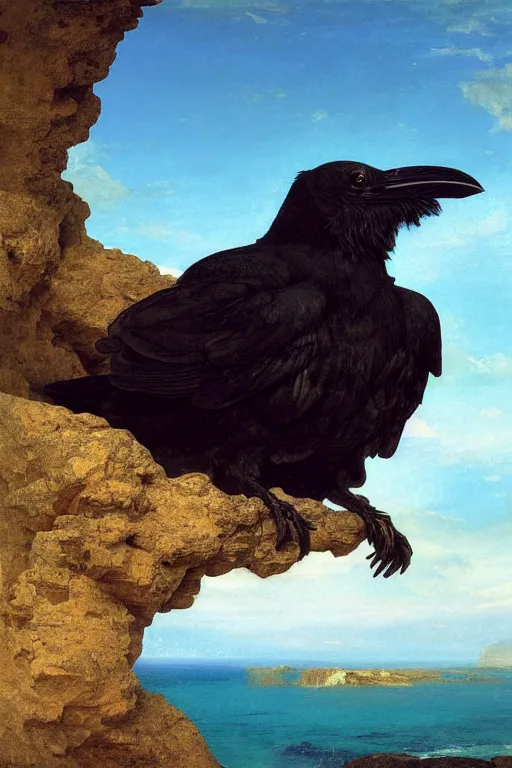 Prompt: a breathtakingly stunningly beautifully highly detailed extreme close up portrait of a raven under a rock arch, epic coves crashing waves plants, beautiful clear harmonious composition, dynamically shot, wonderful strikingly vivid beautiful dynamic sunset with epic clouds, detailed organic textures, by frederic leighton and rosetti and turner and eugene von guerard, 4 k