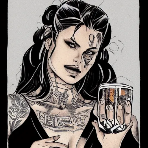 Prompt: a very accurately drawn beautiful portrait of a heavily tattooed woman handing you a beer in Travis Charest style