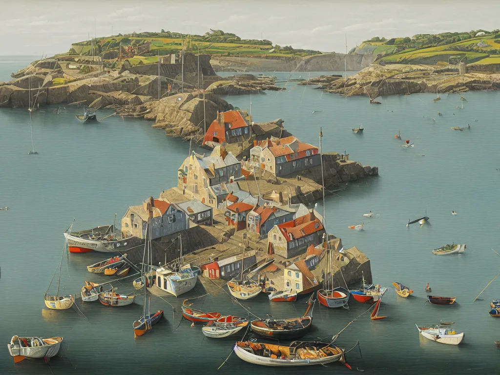 Prompt: a detailed gouache painting illustration of a typical English coastal fishing harbor, by Michiel Schrijver, ultra-hd, sharp focus, isometric