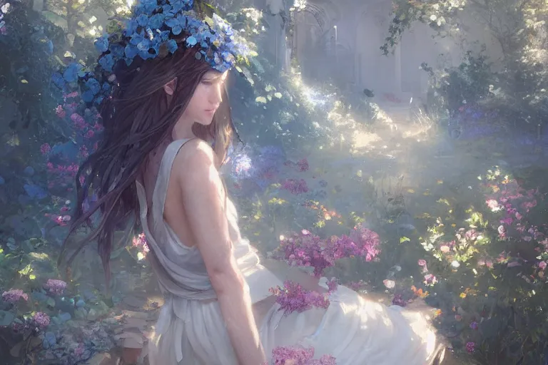 Image similar to a beautiful painting of blue roses garden, girl, by greg rutkowski, trending on artstation