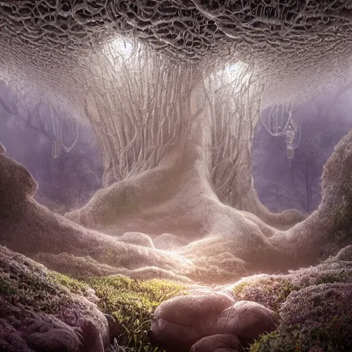 Image similar to biocomputer heart organ intertwined with white biocomputer flowers in a biomechanical cave forest, intricate environment, matte painting, diffused lighting, highly detailed cinematic, atmosphere, diffused lighting, highly detailed digital art, trending on artstation, depth of field, wide angle