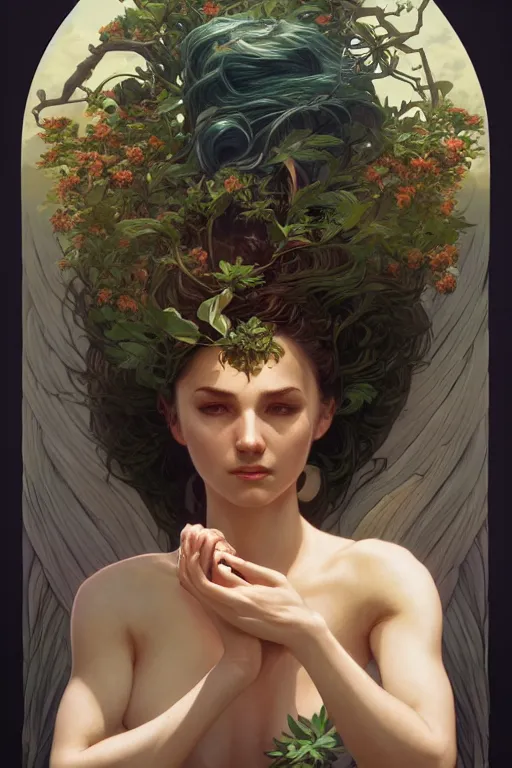 Image similar to goddess of nature, accurate anatomy, only two hands, highly detailed, digital painting, artstation, concept art, smooth, sharp focus, illustration, Unreal Engine 5, 8K, art by Ross Tran and greg rutkowski and alphonse Mucha