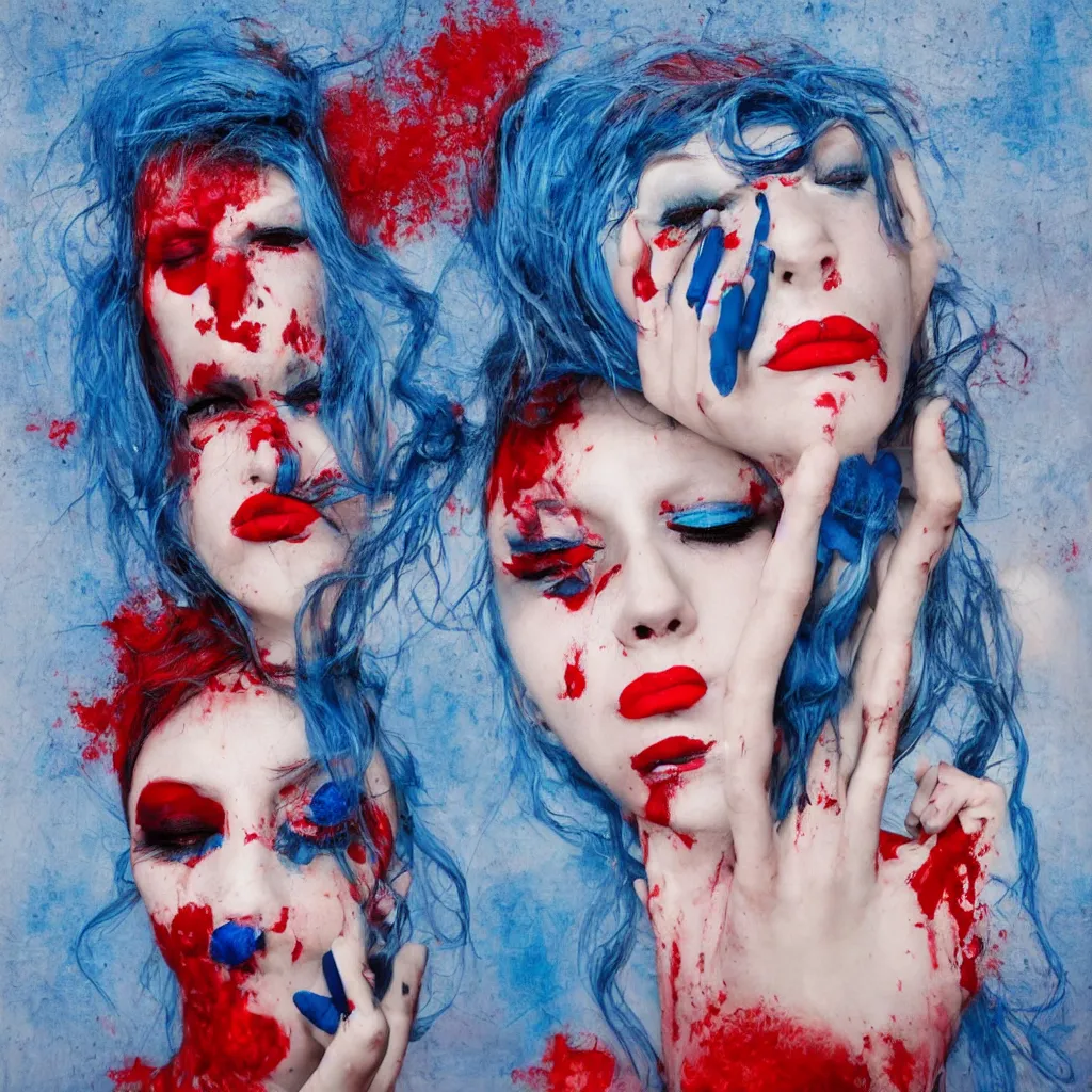 Image similar to her blood was red, but now it's blue, she no longer smiles at you, her lipstick's black and she no longer smiles at all. surrealism pop, avante - garde style