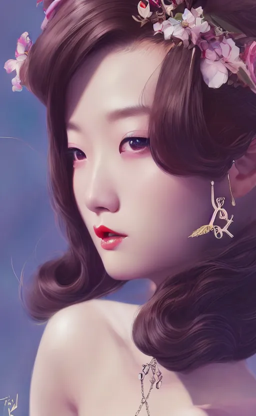 Image similar to a pin up and beautiful fashion charming dreamlke korea girl with lv jewelry, character art, art by artgerm lau and kyoung hwan kim and and ilya kuvshinov and john singer sargent, hyperdetailed, 8 k realistic, symmetrical, frostbite 3 engine, cryengine, dof, trending on artstation, digital art