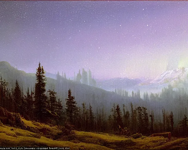 Prompt: forest, mountains, northern lights, nightsky with stars, matte painting, romantic impressionism, painted by Caspar David Friedrich