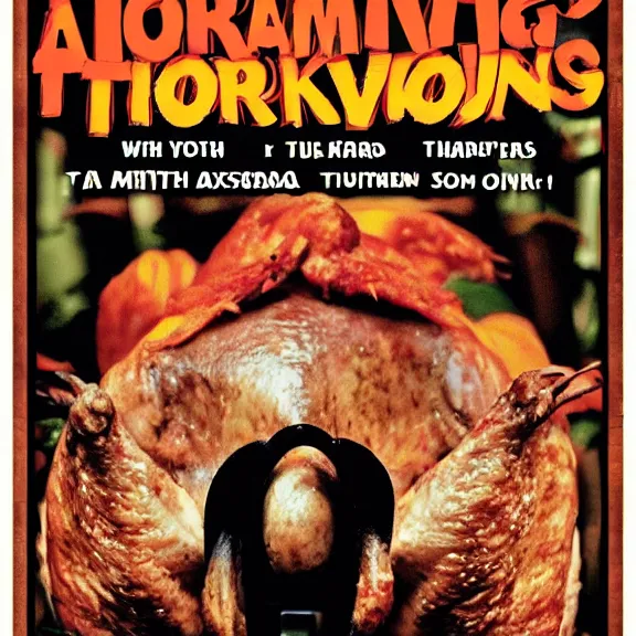 Image similar to a horror movie poster about Thanksgiving turkeys