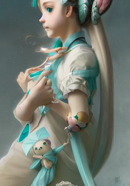 Prompt: hatsune miku holding cinnamoroll, pigtails, intricate, elegant, highly detailed, digital painting, artstation, concept art, smooth, sharp focus, illustration, art by artgerm and greg rutkowski and alphonse mucha and william - adolphe bouguereau