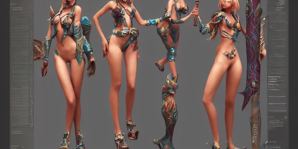 Image similar to Character sheet of gorgeous pool party seraphine (League of Legends). 3d octane render trending on artstation