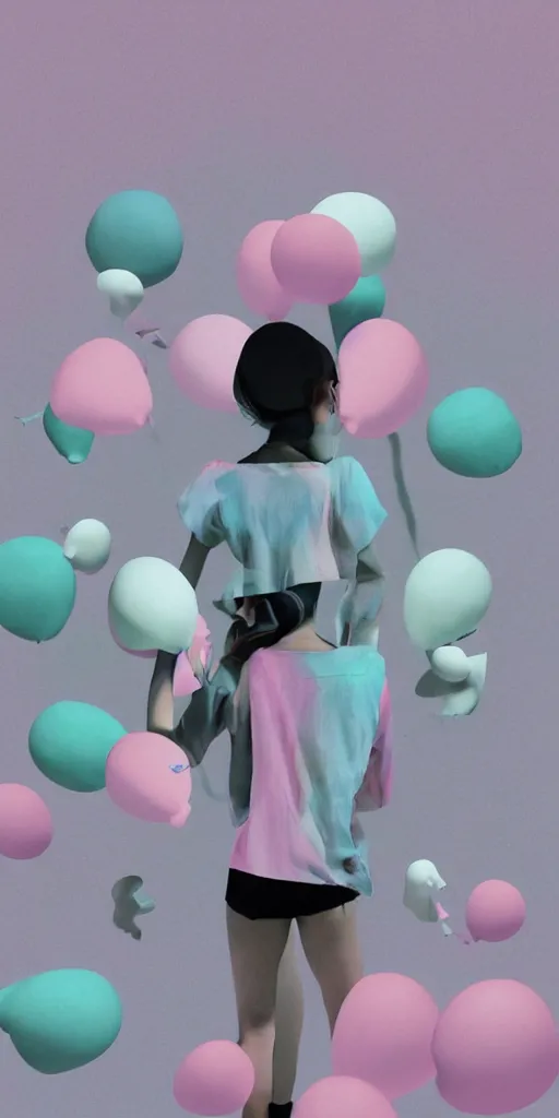 Image similar to 3d matte render, dj rave party, Hsiao-Ron Cheng, balloons, pastel colors, hyper-realism, pastel, polkadots, minimal, simplistic, amazing composition, woman, vaporwave, wow, Gertrude Abercrombie, Beeple, minimalistic graffiti masterpiece, minimalism, 3d abstract render overlayed, black background, psychedelic therapy, trending on ArtStation, ink splatters, pen lines, incredible detail, creative, positive energy, happy, unique, negative space, pure imagination painted by artgerm