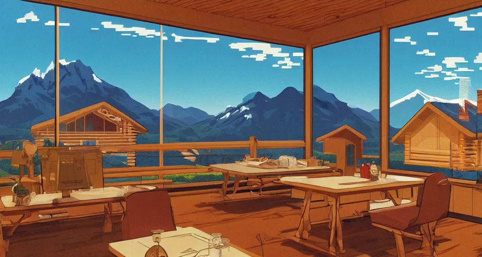 Prompt: log cabin beneath the alps, lofi art style, hiroshi nagai