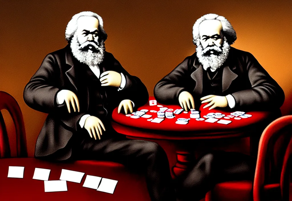 Image similar to Karl Marx playing poker in Las Vegas, ultra HD, studio light, photorealism