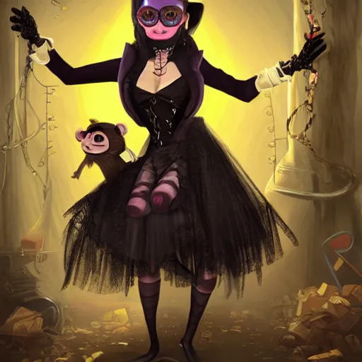 Prompt: Monkey in a Victorian era cyber punk dress dancing in a landfill with a vampire racoon and a goth fairy frog, hyper realistic, cgsociety,