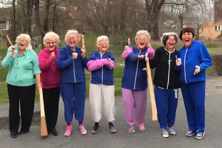 Prompt: a gang of old ladies waving hammers and wearing track suits laughing maniacally and screaming