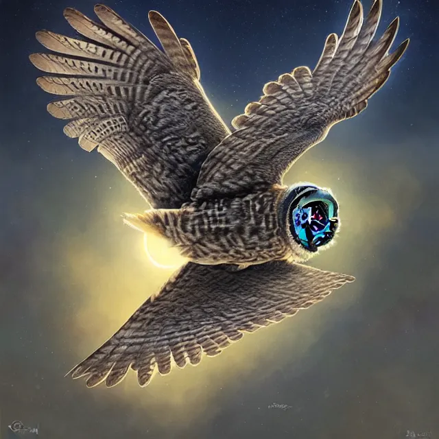 Prompt: portrait of a gray owl attacking with spreaded wings, bright golden eyes in the night, blue night lighting, symmetrical, album cover art, highly detailed, digital painting, artstation, concept art, sharp focus, cinematic lighting, illustration, art by artgerm and greg rutkowski, alphonse mucha, cgsociety