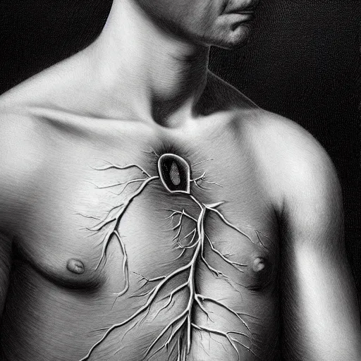 Prompt: A man looking down at a heart-shaped hole in his chest, revealing veins and organs, hyperdetailed, hyperrealism, moody, gloomy